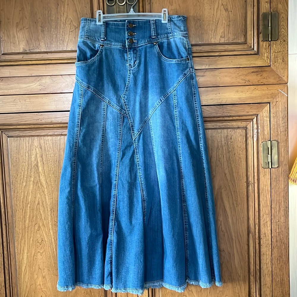 Style J stretch denim midi skirt, Size 28, US 8